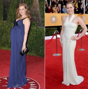 Left photo Amy Adams pregnant. Right photo Amy Adams months after childbirth