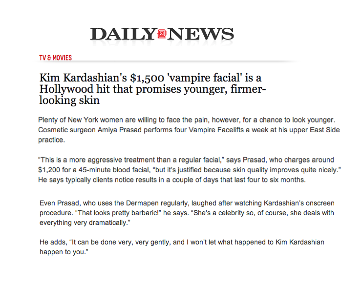 Vampire Facial in the Daily News - Kim Kardashian West Vampire Facial