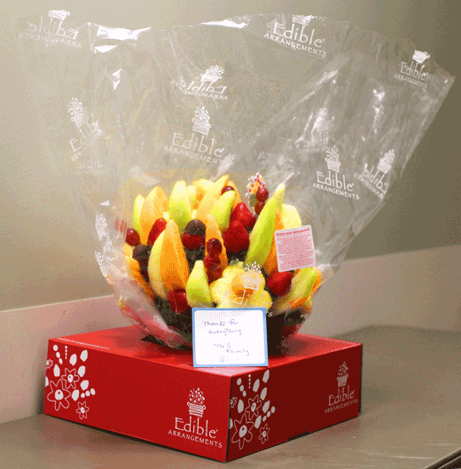 fruit bouquet gift from patient to Dr. Prasad and staff