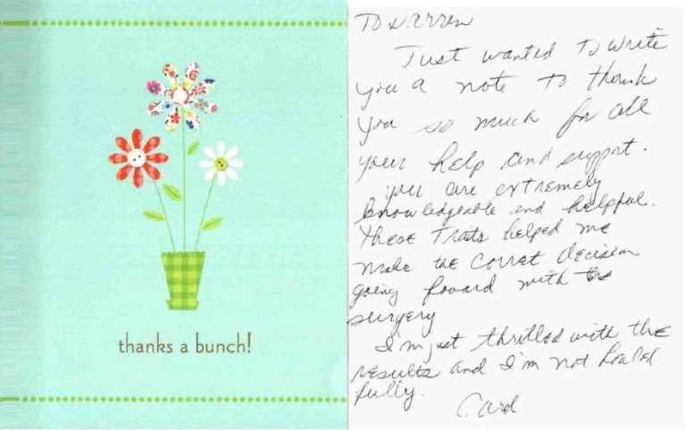 thank you card from patient for Dr Prasad