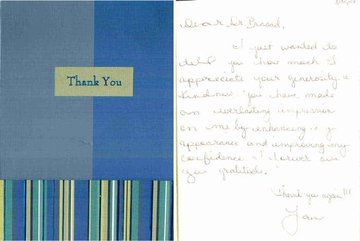 thank you card from patient for Dr Prasad