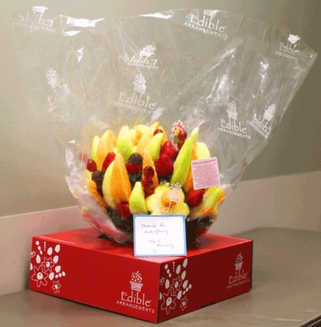 fruit bouquet gift from patient to Dr. Prasad and staff