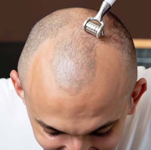 man with thinning hair doing microneedling at home