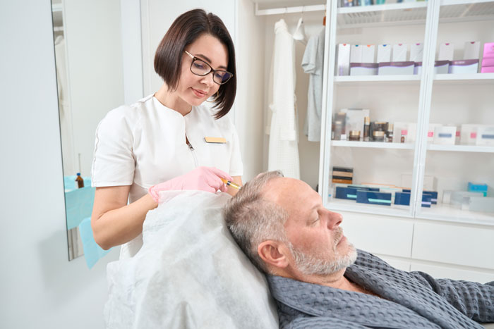 a practitioner injecting hair treatment for hair loss on scalp of the patient