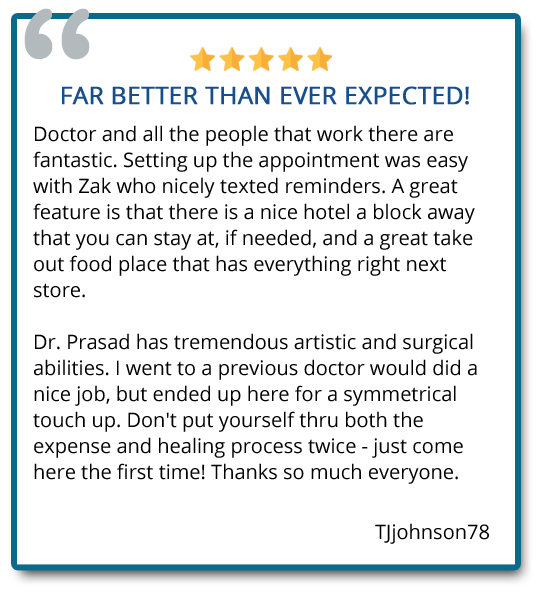 Patient testimonials at Prasad Cosmetic Surgery Garden City